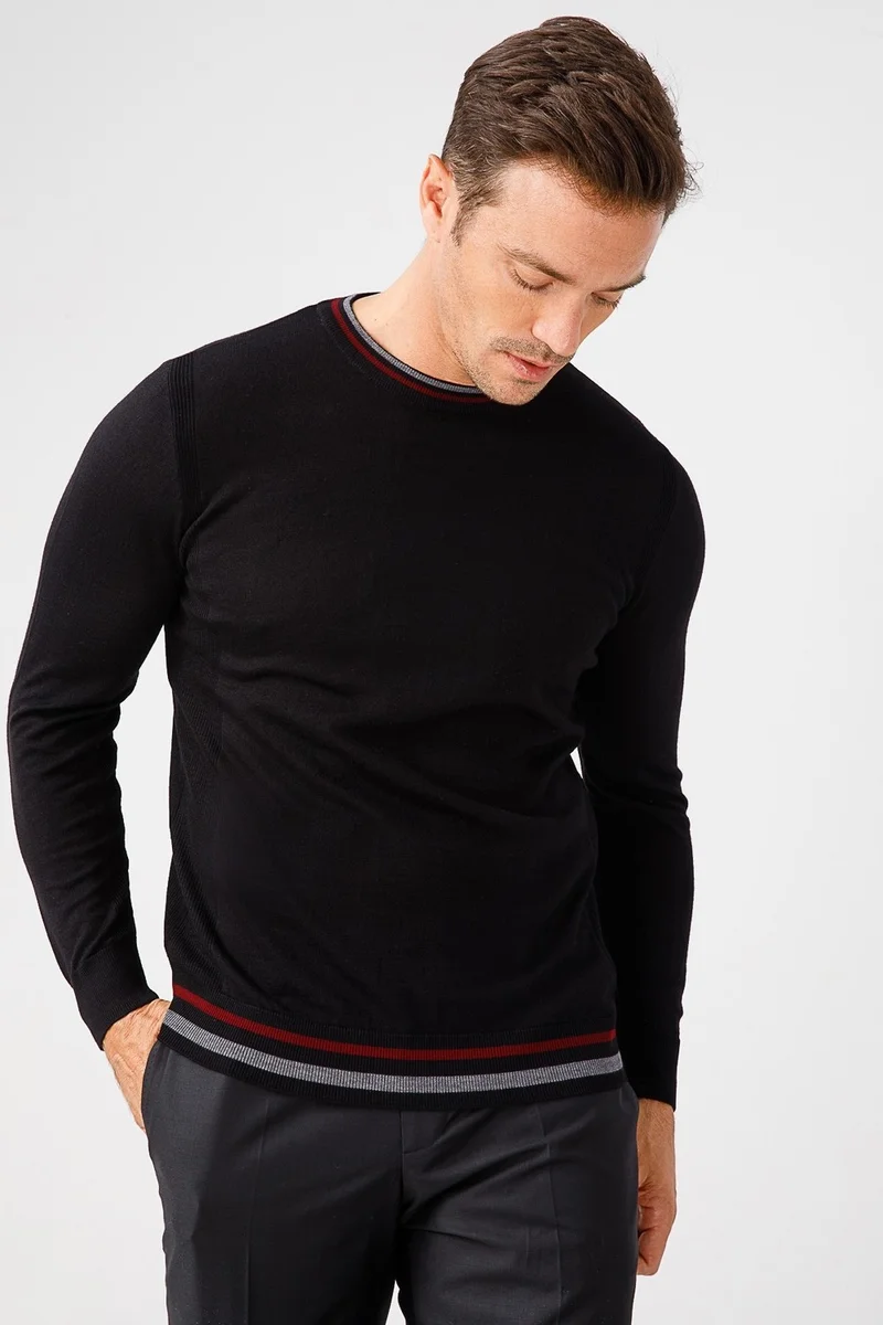 ديسين تريكو Pattern Knitwear Men's Striped Neckline Zero Collar Sweater Black