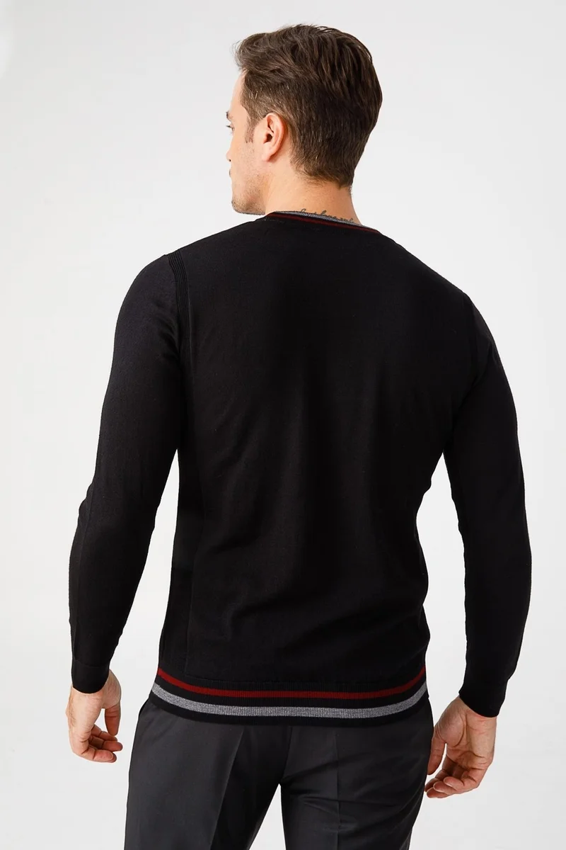 ديسين تريكو Pattern Knitwear Men's Striped Neckline Zero Collar Sweater Black