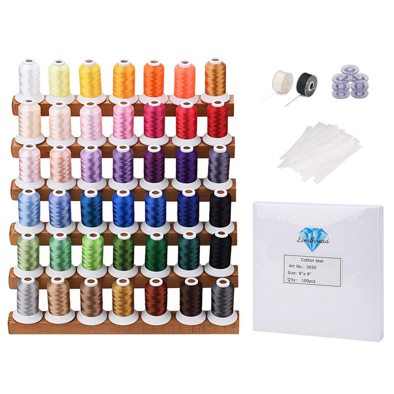 Simthread Embroidery Thread and Tear Away Stabilizers Gift Box - 42 Colors 40WT 500M (550Y) - Precut Stabilizers Weight 1.8OZ 8"x8" 100pcs / Pack for Embroidery Machine