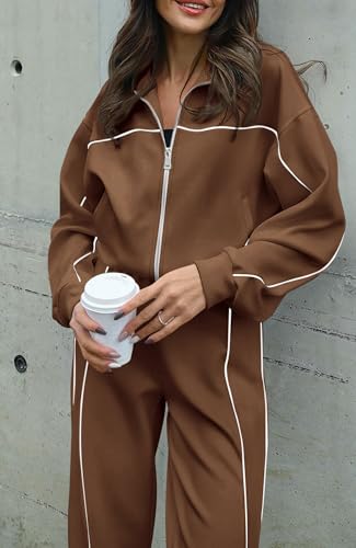 BTFBM Women's Two Piece Tracksuit Fall 2025 Long Sleeve Zip Up Sweatshirt Long Pants Outfits Jogger Sweatsuit Sets(Brown,Large) - Image 4