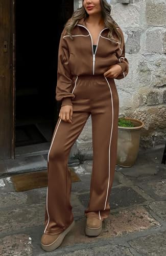 BTFBM Women's Two Piece Tracksuit Fall 2025 Long Sleeve Zip Up Sweatshirt Long Pants Outfits Jogger Sweatsuit Sets(Brown,Large) - Image 2