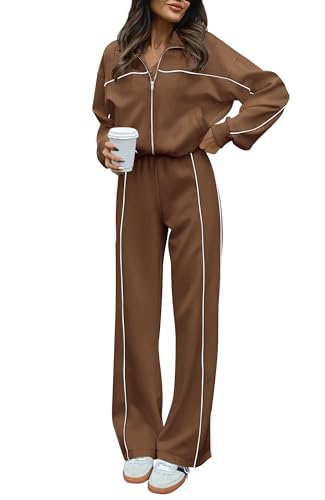 BTFBM Women's Two Piece Tracksuit Fall 2025 Long Sleeve Zip Up Sweatshirt Long Pants Outfits Jogger Sweatsuit Sets(Brown,Large) - Image 1