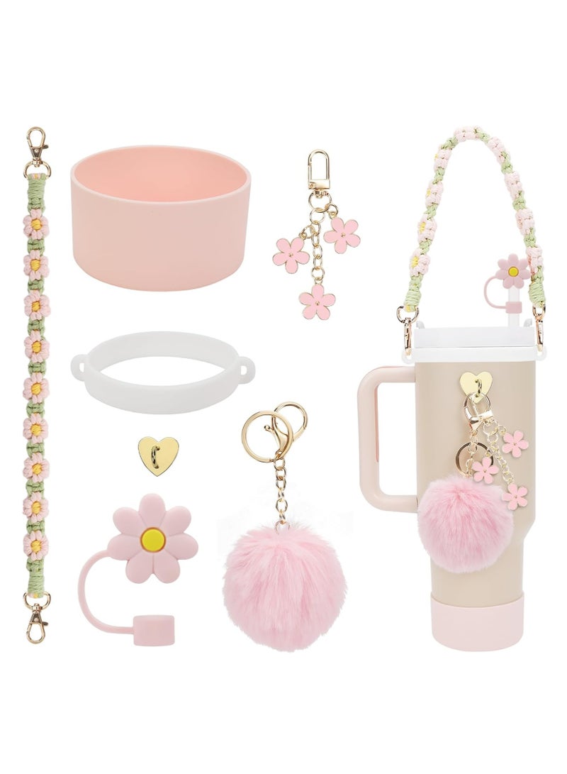 Generic Stanley Cup Accessory Set includes Water Bottle Handle Strap, Silicone Stanley Cup Protector, Silicone Straw Cover, Stanley Charm for Stanley Cup 40oz and 30oz Glass (Light Pink) - Image 1