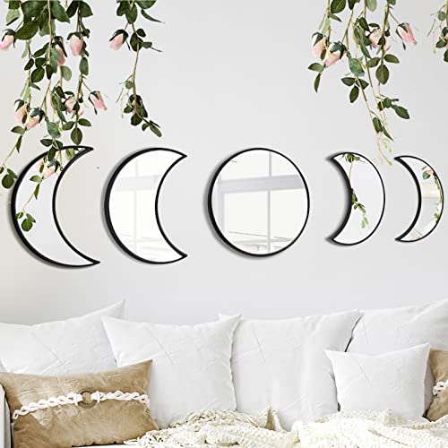 YUBAIHUI YUBAIHUI Moon Phase Mirror Set 5pcs Boho Moon Wall Decor for Home Bohemian Bedroom Decoration Living Room Decor Acrylic MirrorNot Real Mirror 