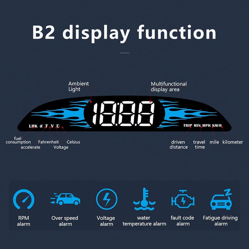 شاشة عرض القياسات OBD2، شاشة عرض أمامية للسيارات، عداد سرعة للسيارة مع السرعة، درجة حرارة الماء، الجهد، استهلاك الوقود، إنذار السرعة الزائدة، إنذار القيادة المتعبة، عداد السرعة يناسب معظم الموديلات بعد عام 2009 - Image 3