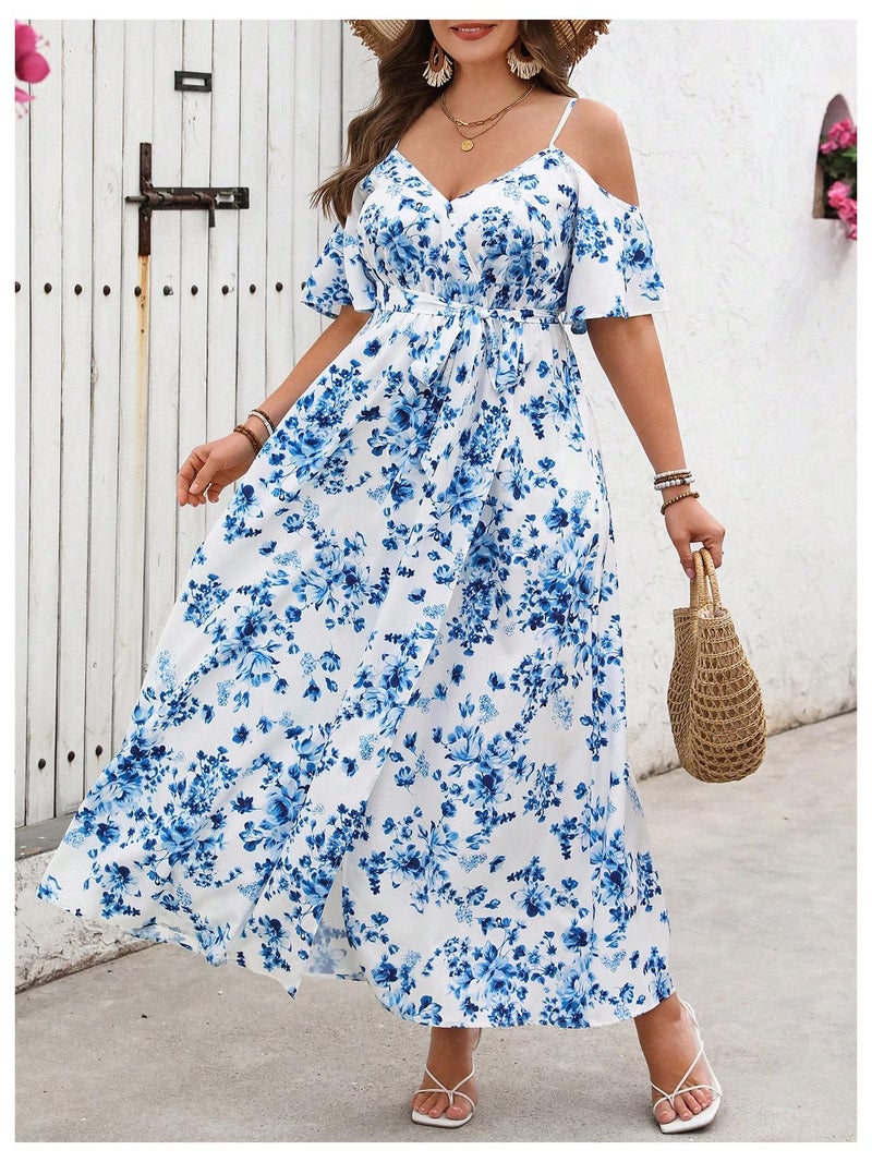 Floerns Women's Plus Size Cold Shoulder Short Sleeve Split Thigh Long Dress Pale Blue XX-Large Plus - Image 4