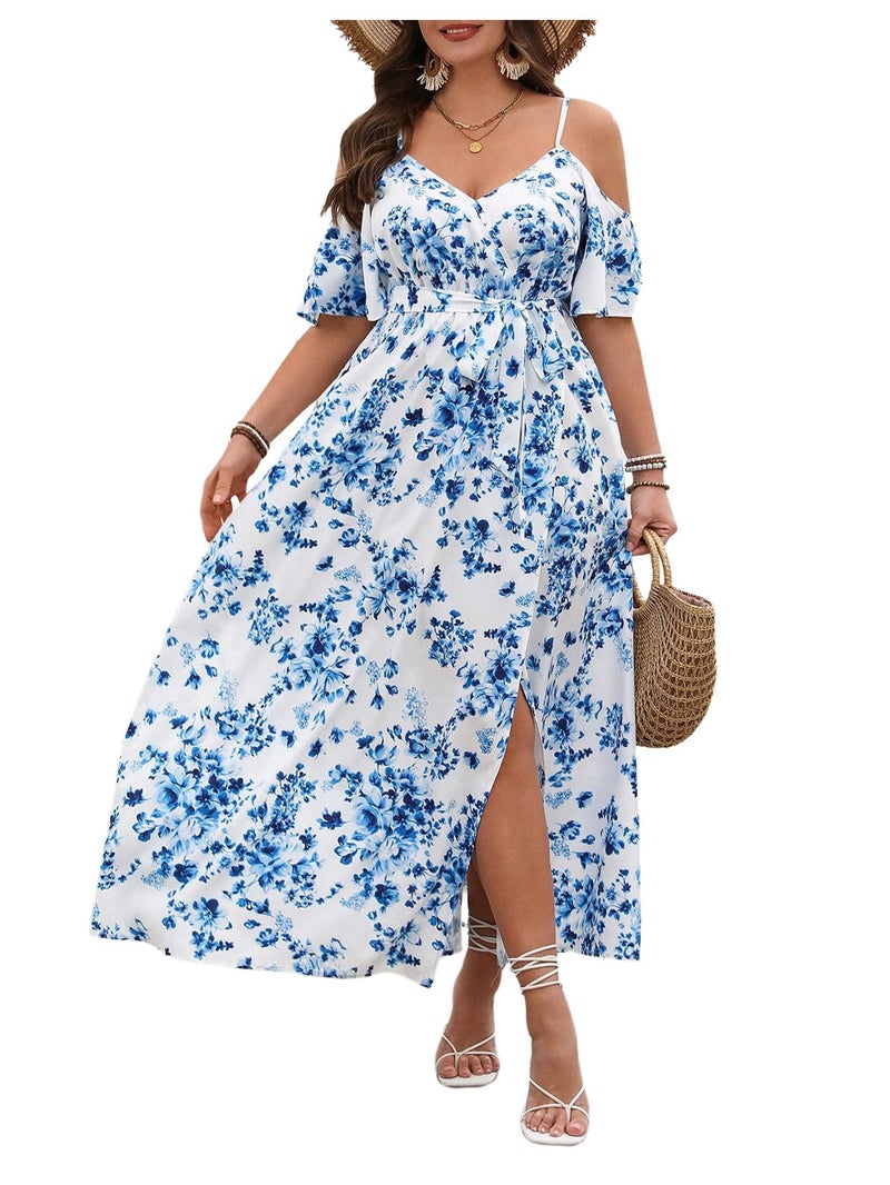 Floerns Women's Plus Size Cold Shoulder Short Sleeve Split Thigh Long Dress Pale Blue XX-Large Plus - Image 1