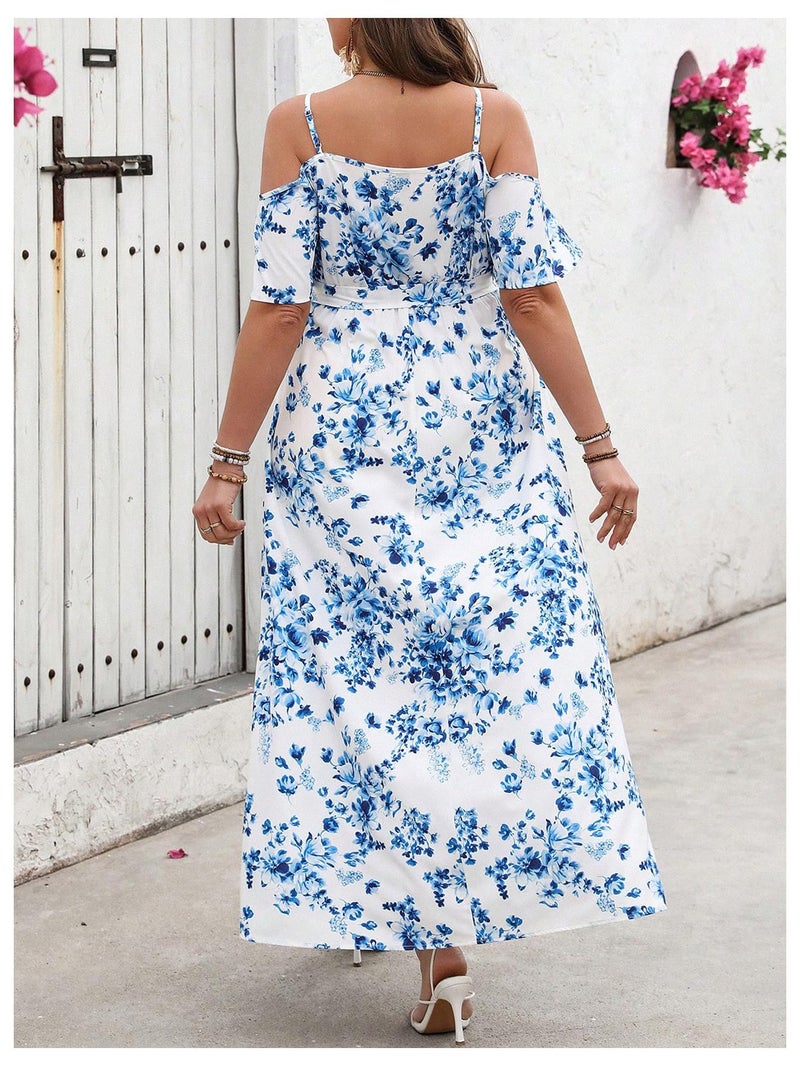 Floerns Women's Plus Size Cold Shoulder Short Sleeve Split Thigh Long Dress Pale Blue XX-Large Plus - Image 3
