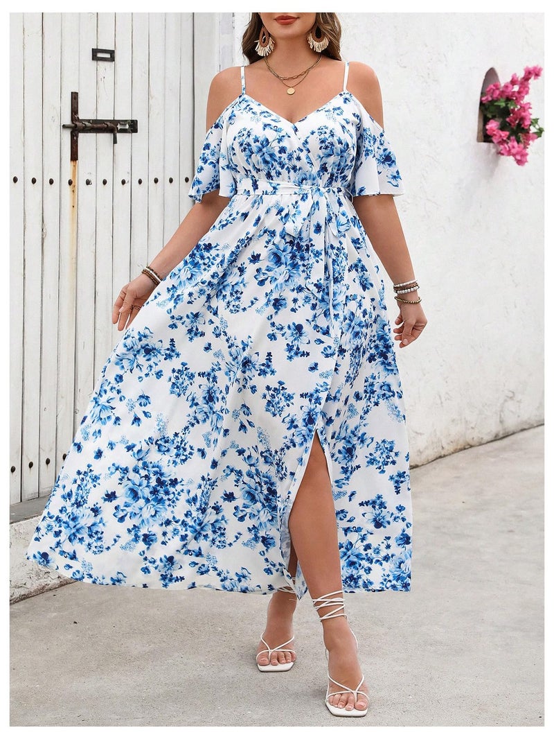 Floerns Women's Plus Size Cold Shoulder Short Sleeve Split Thigh Long Dress Pale Blue XX-Large Plus - Image 2