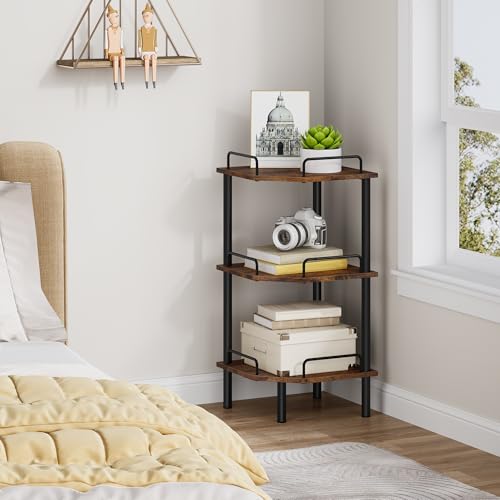 Tajsoon Corner Shelf Stand, 3 Tier Industrial Corner Shelves, Multipurpose Standing Display Shelf, Corner Shelving Unit for Bedroom, Living Room, Office, Kitchen, Rustic Brown - Image 5