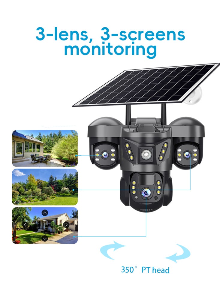 كاميرا الأمان الشمسية 4G حقيقية عدسة ثلاثية عرض ثلاثي PTZ 360 كامل اللون الرؤية الليلية في الهواء الطلق PIR الكشف عن الإنسان,3 عدسات عرض 3 وجهات النظر, الكشف عن الحركة,صوت ثنائي الاتجاه - Image 2