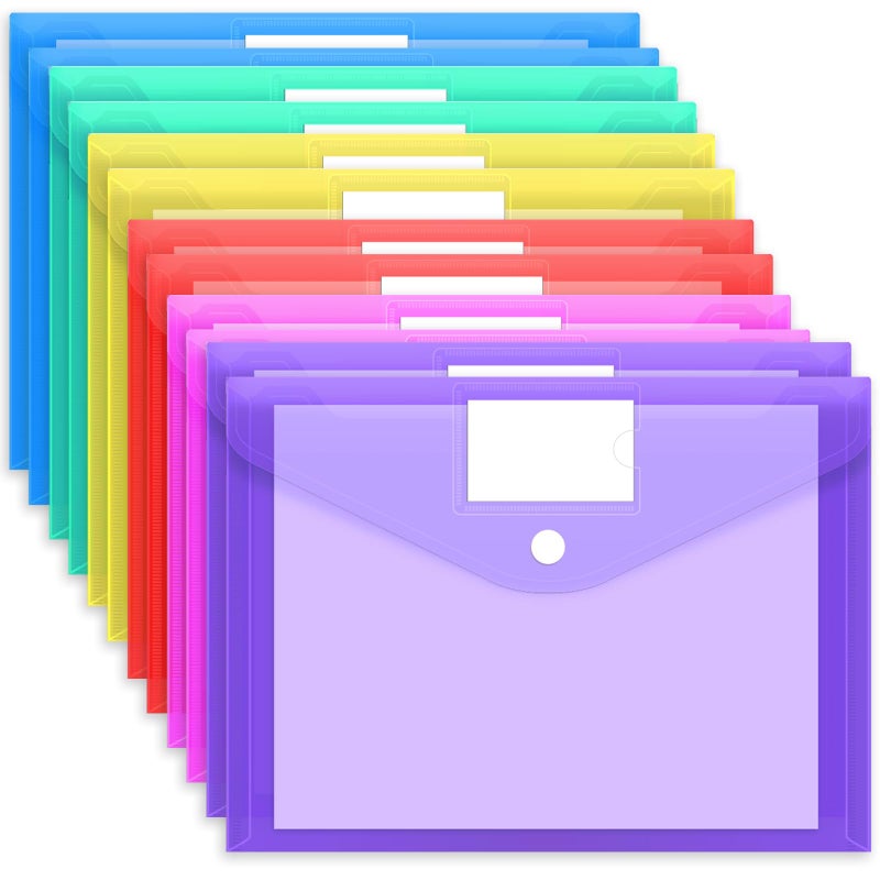 EOOUT 12pcs Plastic Envelopes Poly Envelopes, Hook & Loop Closure File Folders, A4 Size File Envelopes with Label Pocket for School and Office Supplies - Image 1