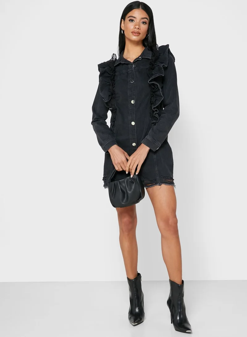 RIVER ISLAND Ruffled Denim Mini Dress