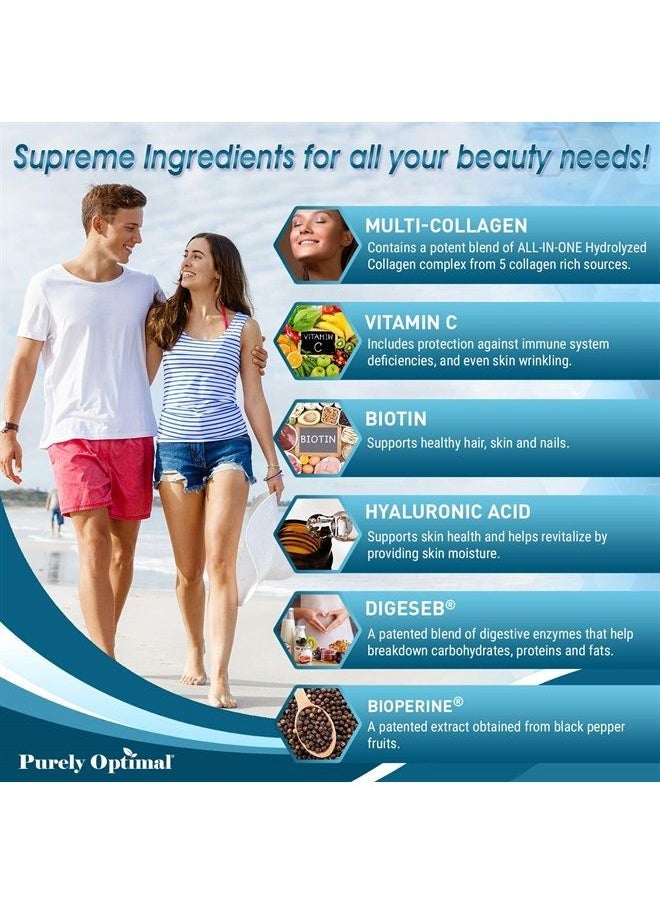 Purely Optimal - Premium Multi Collagen Peptides (Types I, II, II, V, X) - Collagen Pills for Skin Care, Hair Growth, Nails & Joints - Vitamin C, Hyaluronic Acid, Biotin, Gluten Free - 120 Collagen Capsules - Image 1