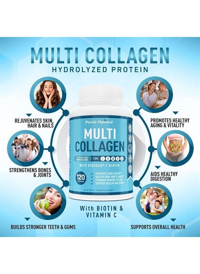 Purely Optimal - Premium Multi Collagen Peptides (Types I, II, II, V, X) - Collagen Pills for Skin Care, Hair Growth, Nails & Joints - Vitamin C, Hyaluronic Acid, Biotin, Gluten Free - 120 Collagen Capsules - Image 1