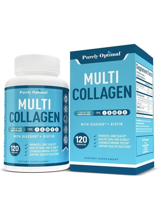 Purely Optimal - Premium Multi Collagen Peptides (Types I, II, II, V, X) - Collagen Pills for Skin Care, Hair Growth, Nails & Joints - Vitamin C, Hyaluronic Acid, Biotin, Gluten Free - 120 Collagen Capsules - Image 1