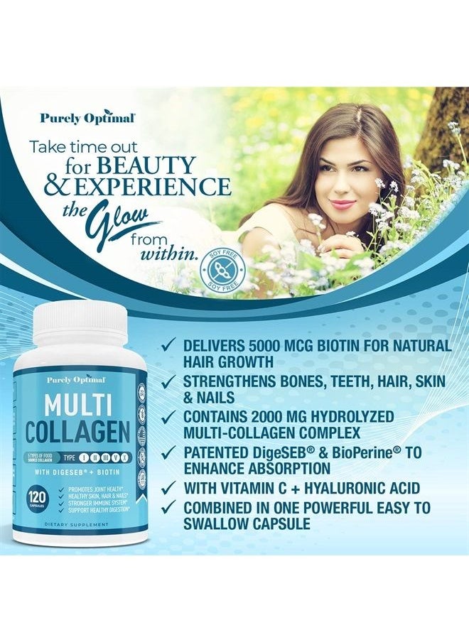 Purely Optimal - Premium Multi Collagen Peptides (Types I, II, II, V, X) - Collagen Pills for Skin Care, Hair Growth, Nails & Joints - Vitamin C, Hyaluronic Acid, Biotin, Gluten Free - 120 Collagen Capsules - Image 1