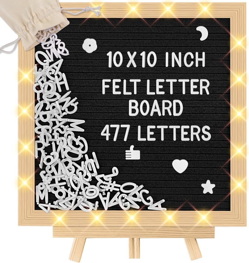 ANWEOR 10 x 10 in Felt Letter Board with LED Lights,Changeable Message Board with Wooden Frame and Wall Mount Hook,Letter Board with 477 Letters for Pregnancy Announcement/Baby/Celebration/Home Decor(Black) - Image 1