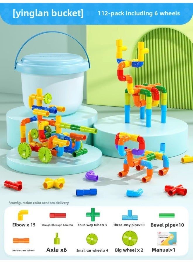 Intelligence Toys For Kids Pipe Puzzle Blocks Baby Assembly Puzzle Toys For Boys And Girls Educational Fun-Color:【Increase Thickening】 112 Pieces Of Crystal Blue Heart Barrel-Including 6 Wheels - Image 1