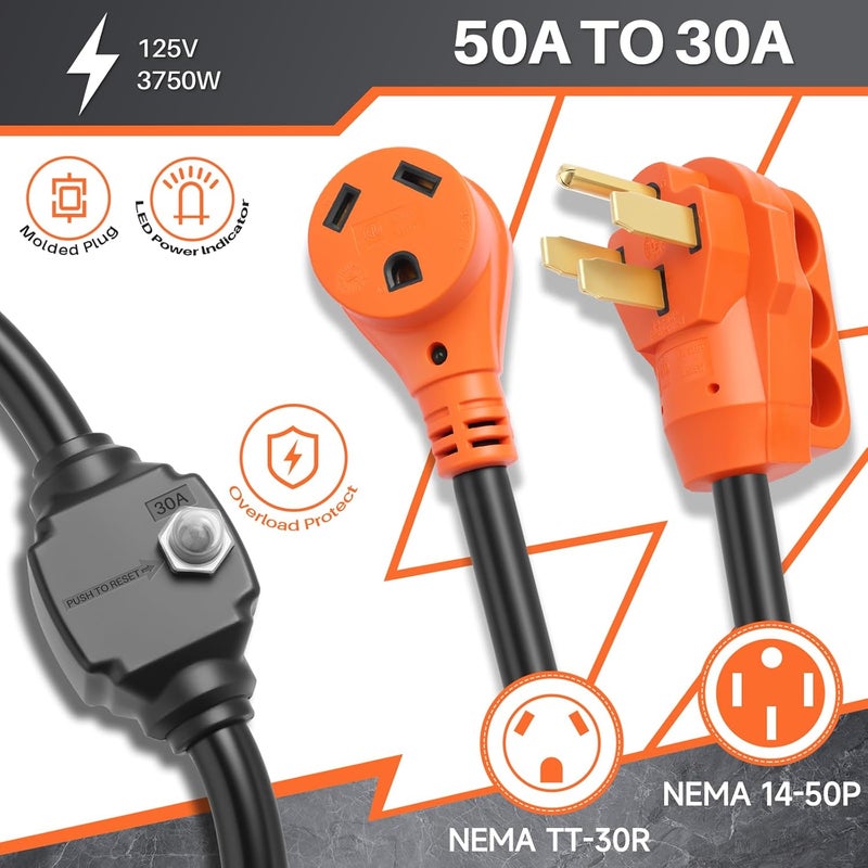 Manshan 50 Amp to 30 Amp RV Adapter with Circuit Breaker, Overload Protector,Heavy Duty, Durable and Safer Plug with an Easier Grip and LED Indicator Light - Image 2