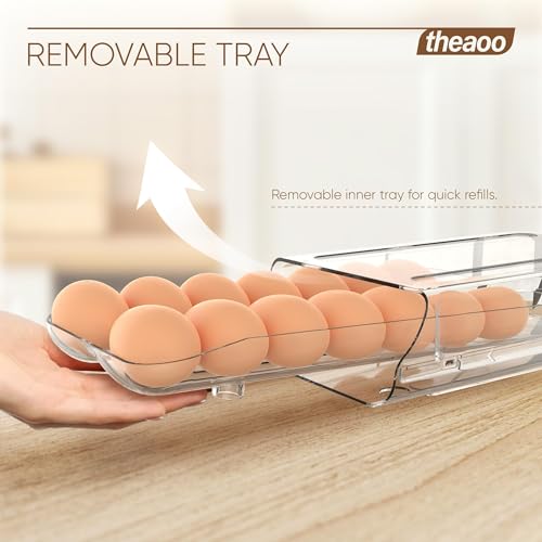 theaoo Egg Holder for Fridge, Automatic Rolling Egg Container for Refrigerator, Clear Plastic Egg Dispenser, Stackable Eggs Organizer with Quick Removable inner Tray For Organizers and Storage, 1Pack - Image 4