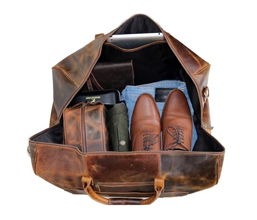 Jaald 50 cm Real Buffalo Leather Leather Weekender Luggage Travel Bag Travel Luggage Sports Bag Weekend Trip Hand Luggage Duffel Gym Bag Waterproof Carry On Bag Gift, Brown, L, Brown, L - Image 5