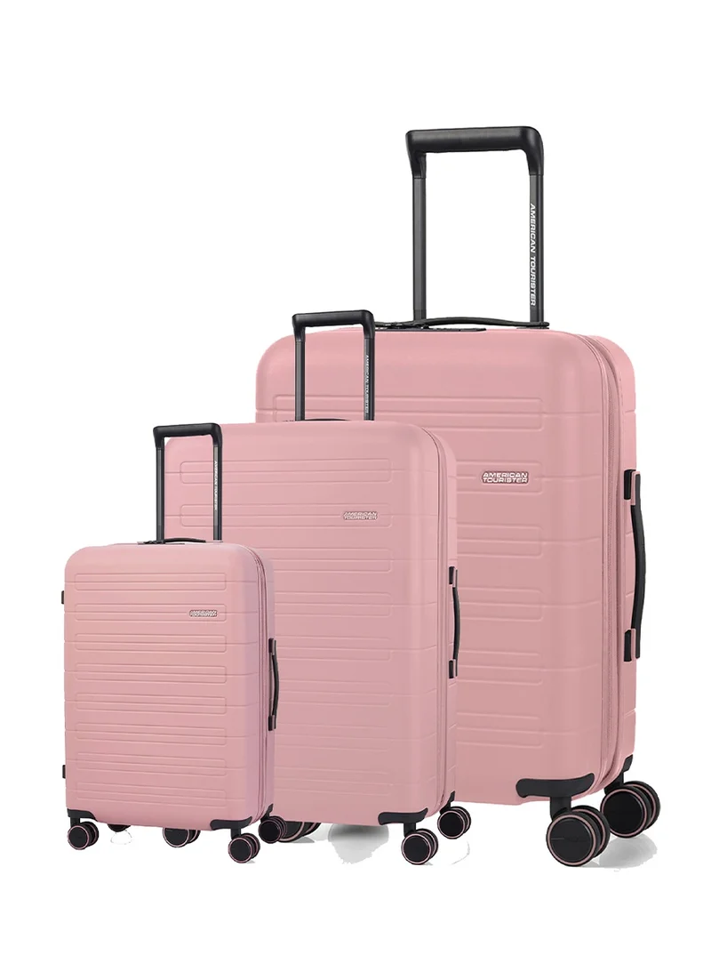 American Tourister Novastream V2 Suitcase, Set of 3, Cabin, Medium & Large (55 + 67 + 77 cm), 4 Spinner Wheels, Hard Top, Polycarbonate, Vintage Pink|Divider Pad|Expandable|100% rPET Recycled Plastic|TSA Lock|Aluminum Handle - 3 Years Global Warranty