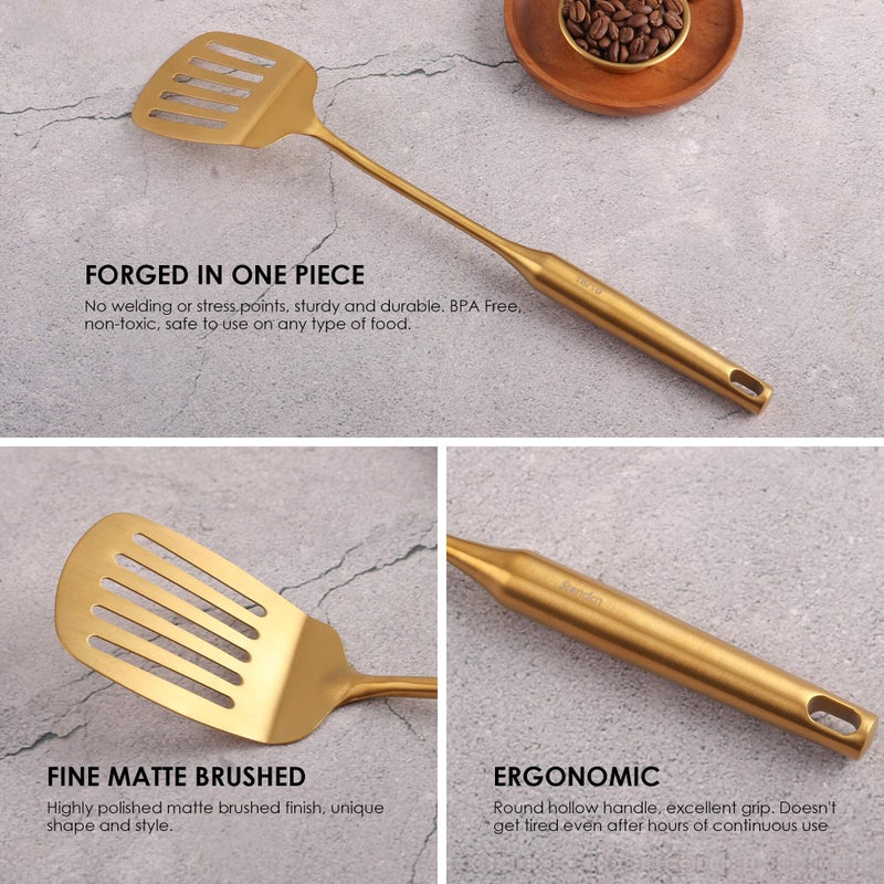 Standcn Gold Kitchen Utensils Set - 9 PCS 304 Stainless Steel All Metal Cooking Tools, 15" Long Serving Utensils with Fork, Solid/Slotted Spoon, Spatula, Ladle, Skimmer, Tunner, Pasta Spoon, Large Spoon - Image 4