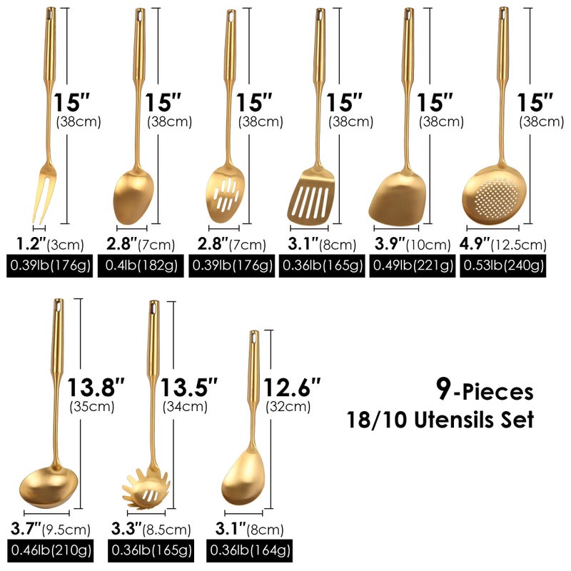 Standcn Gold Kitchen Utensils Set - 9 PCS 304 Stainless Steel All Metal Cooking Tools, 15" Long Serving Utensils with Fork, Solid/Slotted Spoon, Spatula, Ladle, Skimmer, Tunner, Pasta Spoon, Large Spoon - Image 2