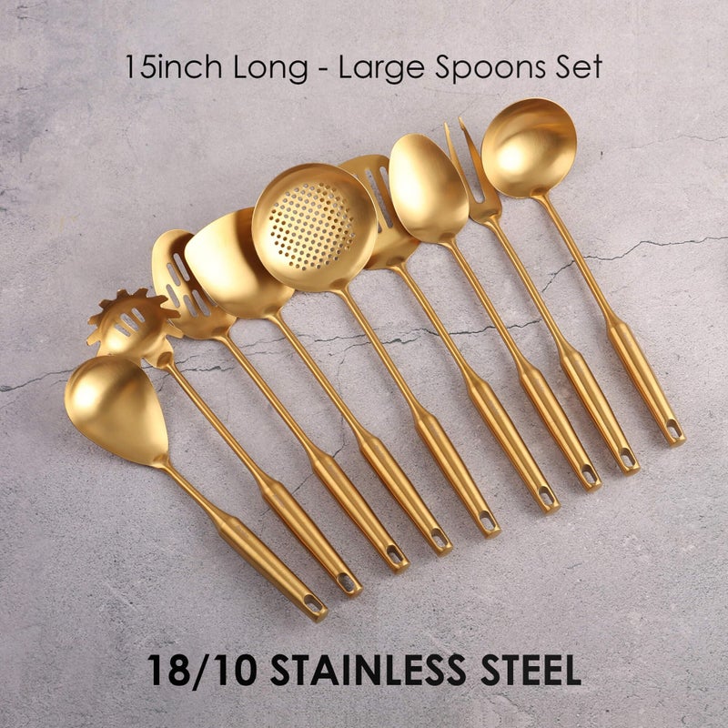 Standcn Gold Kitchen Utensils Set - 9 PCS 304 Stainless Steel All Metal Cooking Tools, 15" Long Serving Utensils with Fork, Solid/Slotted Spoon, Spatula, Ladle, Skimmer, Tunner, Pasta Spoon, Large Spoon - Image 3