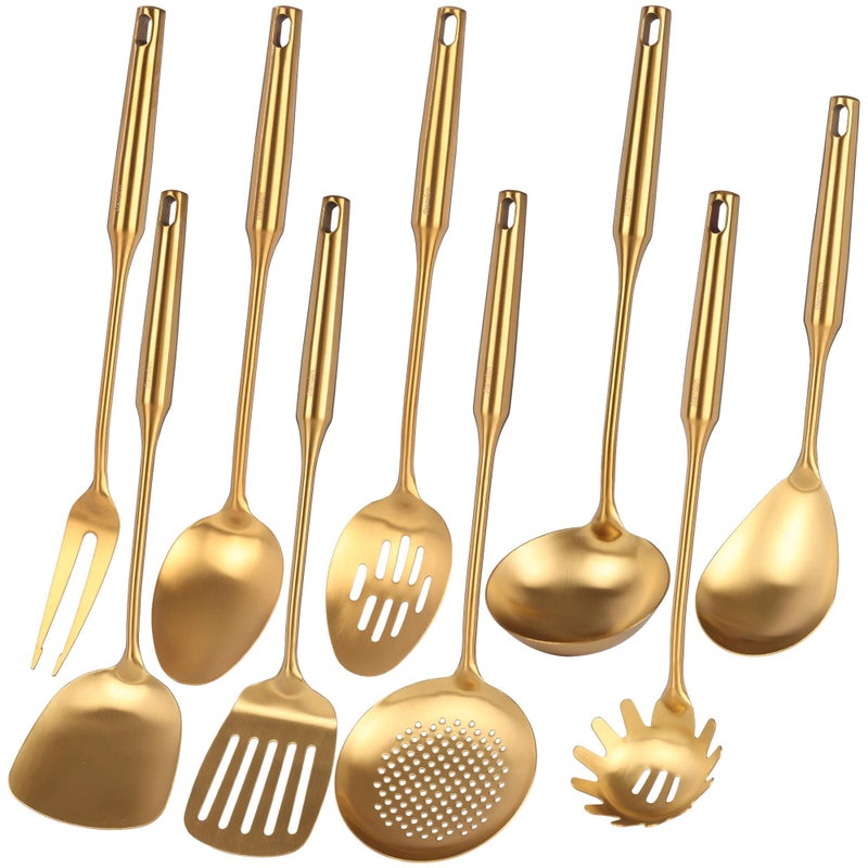 Standcn Gold Kitchen Utensils Set - 9 PCS 304 Stainless Steel All Metal Cooking Tools, 15" Long Serving Utensils with Fork, Solid/Slotted Spoon, Spatula, Ladle, Skimmer, Tunner, Pasta Spoon, Large Spoon - Image 1
