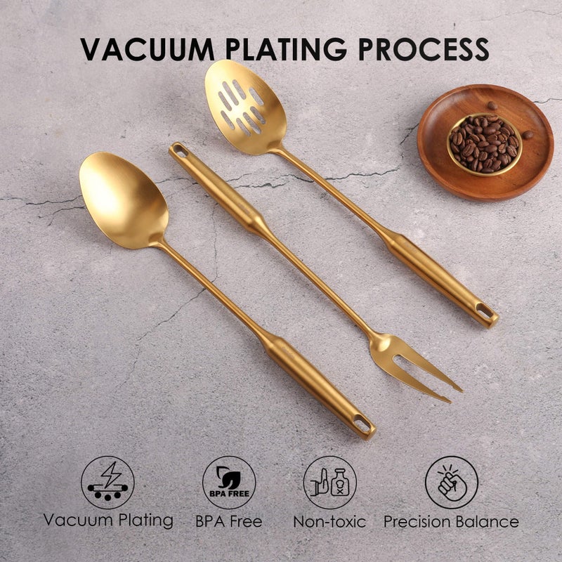 Standcn Gold Kitchen Utensils Set - 9 PCS 304 Stainless Steel All Metal Cooking Tools, 15" Long Serving Utensils with Fork, Solid/Slotted Spoon, Spatula, Ladle, Skimmer, Tunner, Pasta Spoon, Large Spoon - Image 5