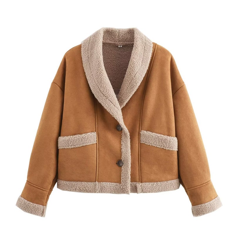 Cross-border womens clothing wholesale 2024 autumn and winter American retro woolen coat lapel loose fur coat women Chocolate color 