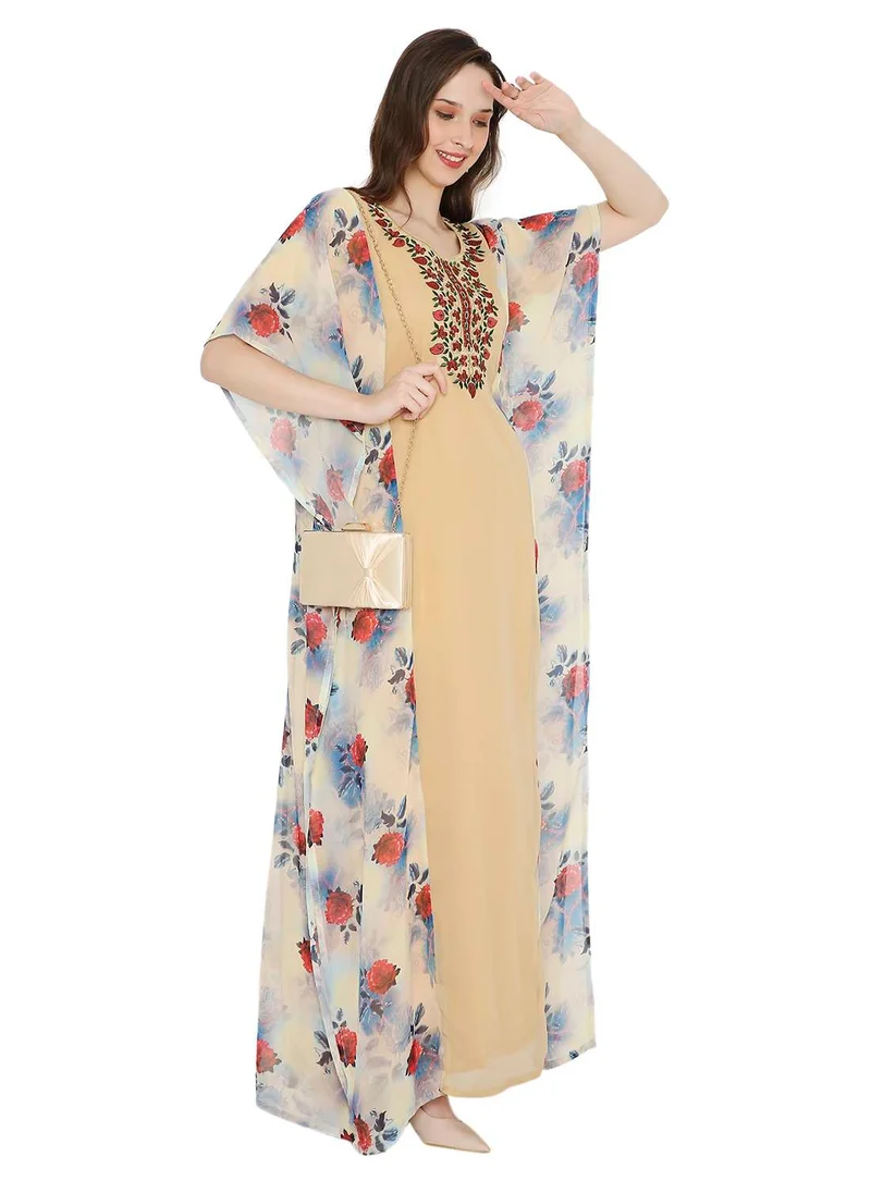 HANA & SARA MULTICOLOUR PRINTED WITH EMBROIDERED SHORT SLEEVES ARABIC KAFTAN JALABIYA DRESSES