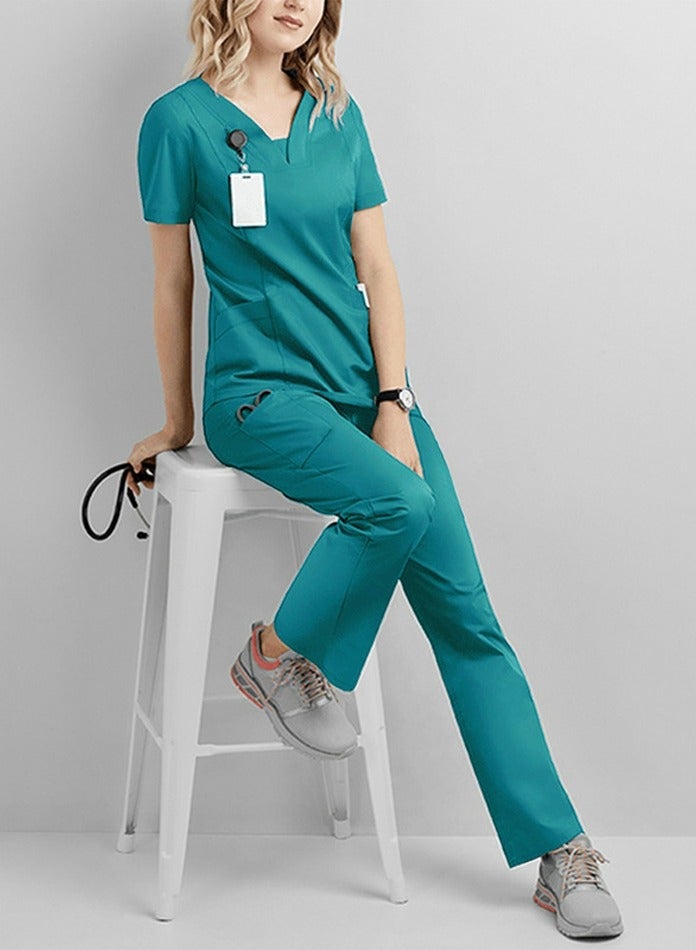 Loquat Solid Color Medical Uniform Scrubs 2 Piece Set V-Neck Top and Loose Pants  Set Lake Blue 