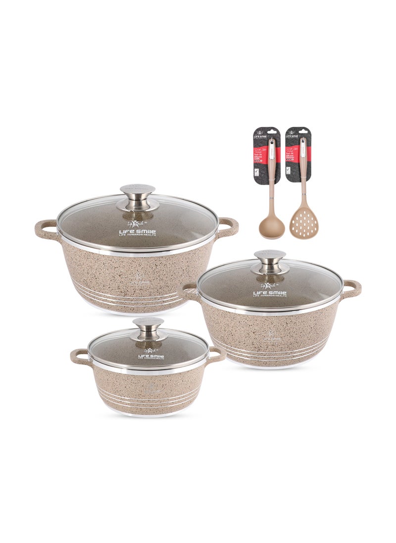 Life Smile Nonstick Cookware Set 8 pcs Cookwares with Stainless steel rim-Oven safe Pots and Pans set-Granite Coating Cooking Pots set Includes 16cmx1.5L Casserole with Lid, 20cmx2.3LCasserole with Lid, , 24cmx4.1L Casserole with Lid & 2pcs Silicone Utensils Contains 32x8.5cm Soup ladle & 34.5x10cm Skimmer  - Image 1