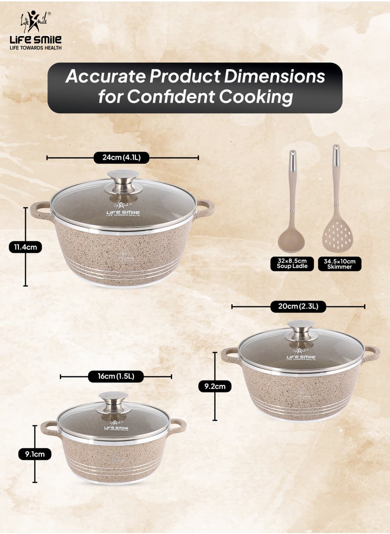 Life Smile Nonstick Cookware Set 8 pcs Cookwares with Stainless steel rim-Oven safe Pots and Pans set-Granite Coating Cooking Pots set Includes 16cmx1.5L Casserole with Lid, 20cmx2.3LCasserole with Lid, , 24cmx4.1L Casserole with Lid & 2pcs Silicone Utensils Contains 32x8.5cm Soup ladle & 34.5x10cm Skimmer  - Image 3