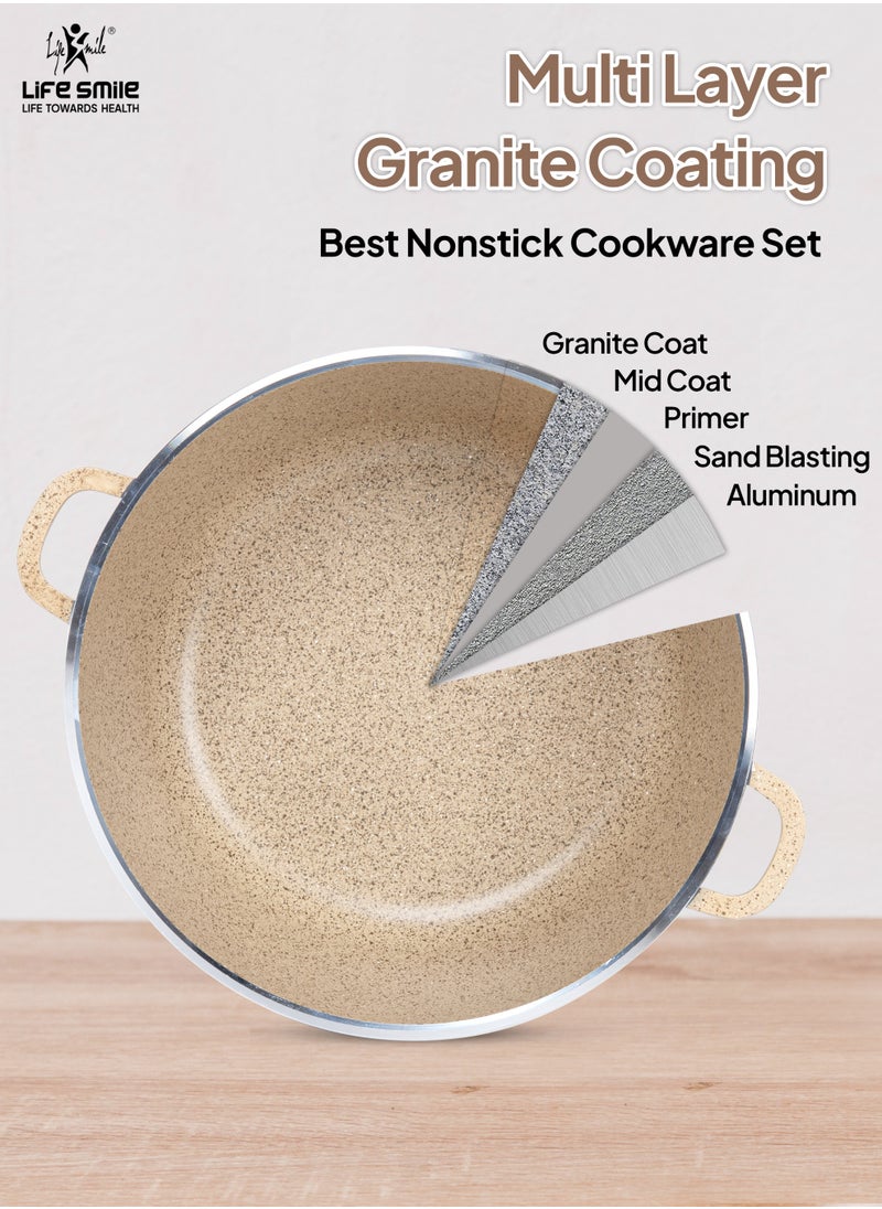 Life Smile Nonstick Cookware Set 8 pcs Cookwares with Stainless steel rim-Oven safe Pots and Pans set-Granite Coating Cooking Pots set Includes 16cmx1.5L Casserole with Lid, 20cmx2.3LCasserole with Lid, , 24cmx4.1L Casserole with Lid & 2pcs Silicone Utensils Contains 32x8.5cm Soup ladle & 34.5x10cm Skimmer  - Image 4