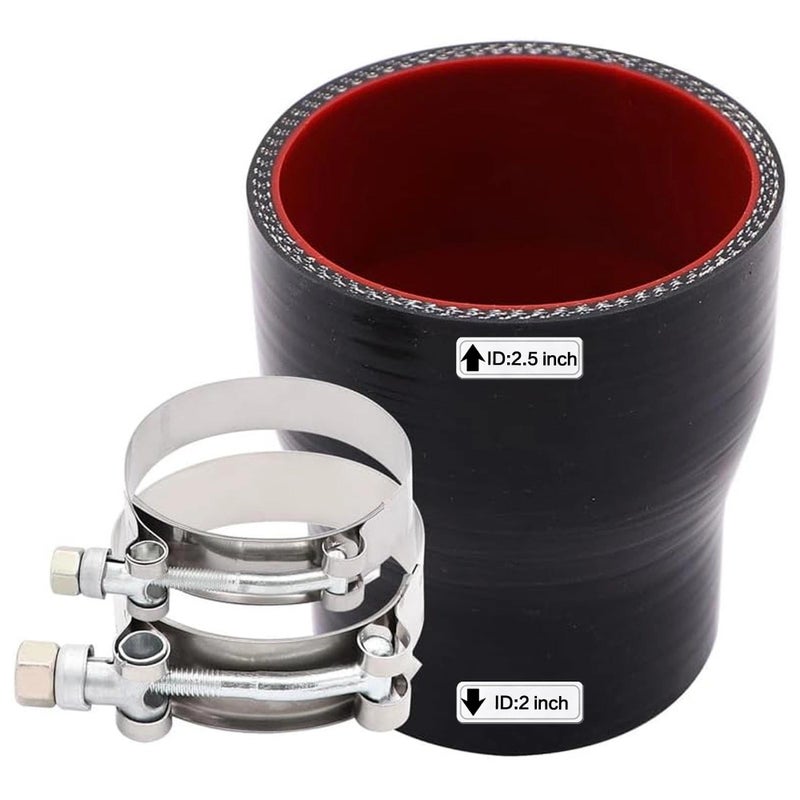 TuoLauthon Straight ID 2 to 25 inch Black Silicone Reducer Coupler with 2 TBolt Clamps 4 Layers of Polyester Reinforcement Suitable High Level Turbo Pipe - Image 2