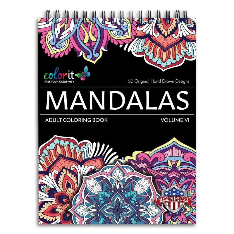 ColorIt Mandalas Volume VI Spiral Bound Adult Coloring Book with 50 Mandala Patterns for Relaxation and Stress Relief - Includes Perforated Pages, Thick Paper, Hardback Covers, and Blotter Page - Image 1