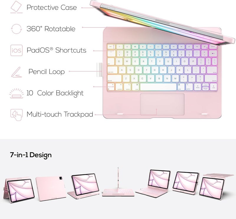 typecase لوحة مفاتيح تعمل باللمس لجهاز آيباد برو 11 بوصة (M4) 2024/2025، 11 لون مضيء، غلاف واقي دوار 360°، حامل قلم، لوحة تتبع متعددة اللمس، وردي - غير متوافق مع آيباد برو 11 (M2) وآيباد إير (M3/M2) - Image 3