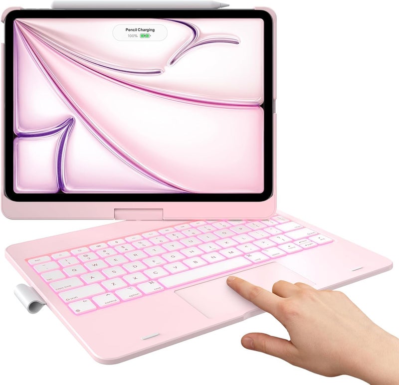 typecase لوحة مفاتيح تعمل باللمس لجهاز آيباد برو 11 بوصة (M4) 2024/2025، 11 لون مضيء، غلاف واقي دوار 360°، حامل قلم، لوحة تتبع متعددة اللمس، وردي - غير متوافق مع آيباد برو 11 (M2) وآيباد إير (M3/M2) - Image 1