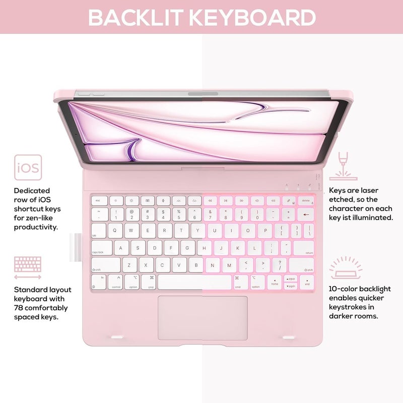 typecase لوحة مفاتيح تعمل باللمس لجهاز آيباد برو 11 بوصة (M4) 2024/2025، 11 لون مضيء، غلاف واقي دوار 360°، حامل قلم، لوحة تتبع متعددة اللمس، وردي - غير متوافق مع آيباد برو 11 (M2) وآيباد إير (M3/M2) - Image 5