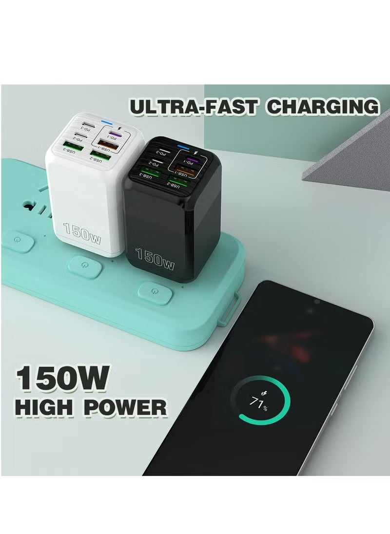 فيرست برو - شاحن سريع 150 واط بتقنية PD وQC 3.0 ومنفذ Type-C، محول شحن سريع بـ 6 منافذ USB-A وUSB-C متوافق مع سامسونج جالاكسي S24 ألترا، آيفون 16/15/14/آبل 13 برو ماكس، آيباد، نينتندو سويتش (أسود) - Image 1