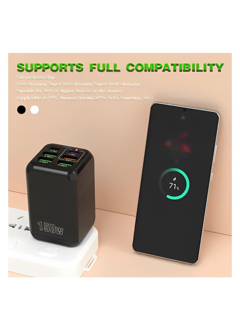 فيرست برو - شاحن سريع 150 واط بتقنية PD وQC 3.0 ومنفذ Type-C، محول شحن سريع بـ 6 منافذ USB-A وUSB-C متوافق مع سامسونج جالاكسي S24 ألترا، آيفون 16/15/14/آبل 13 برو ماكس، آيباد، نينتندو سويتش (أسود) - Image 1