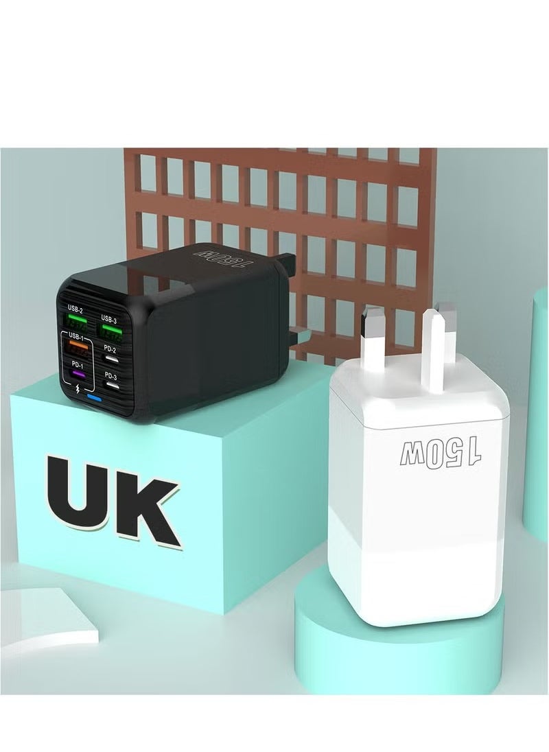 فيرست برو - شاحن سريع 150 واط بتقنية PD وQC 3.0 ومنفذ Type-C، محول شحن سريع بـ 6 منافذ USB-A وUSB-C متوافق مع سامسونج جالاكسي S24 ألترا، آيفون 16/15/14/آبل 13 برو ماكس، آيباد، نينتندو سويتش (أسود) - Image 1