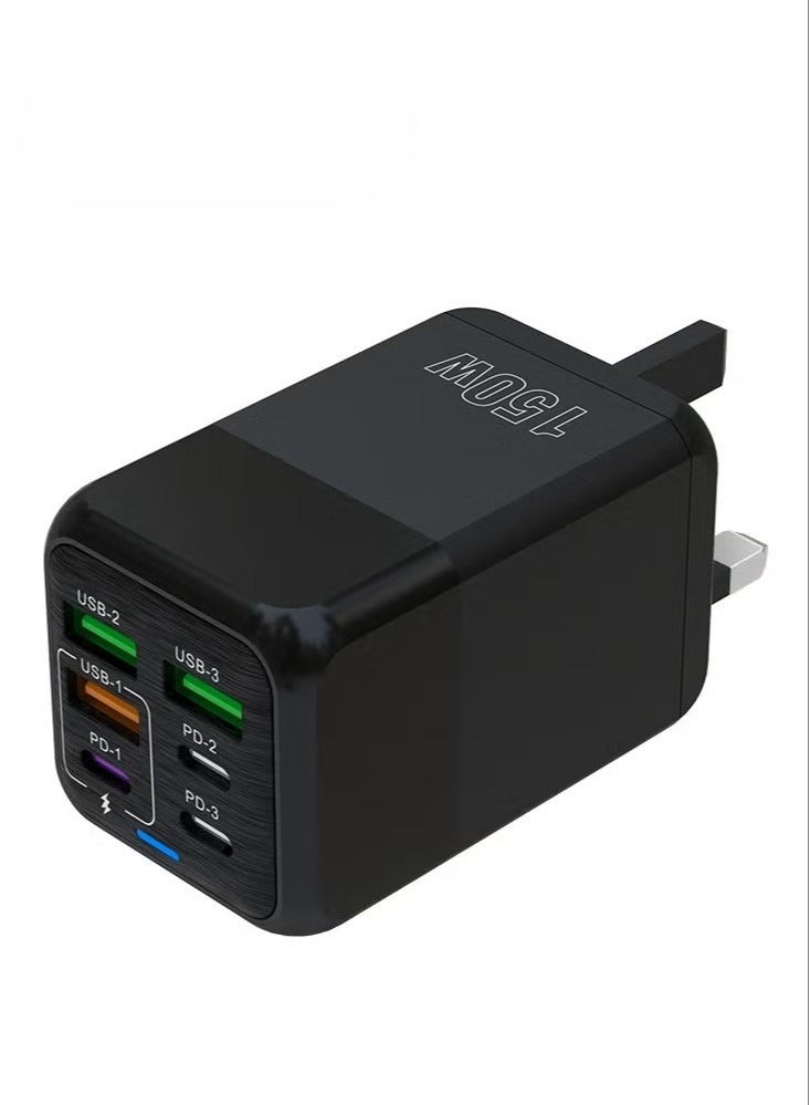 فيرست برو شاحن سريع 150 واط بتقنية PD وQC 3.0 ومنفذ Type-C، محول شحن سريع بـ 6 منافذ USB-A وUSB-C متوافق مع سامسونج جالاكسي S24 ألترا، آيفون 16/15/14/آبل 13 برو ماكس، آيباد، نينتندو سويتش (أسود) - Image 1