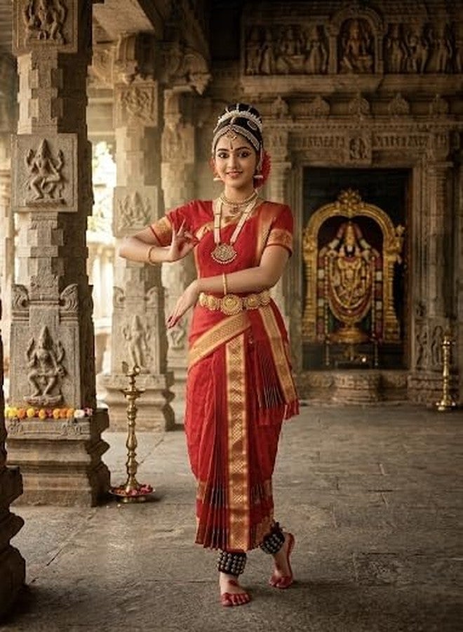 NATYAM Kuchipudi Dance Costume | Imitation Pattu Silk Classical Dress for Girls & Women | Stage Performance Wear (Crimson Red with Gold Accents, 26)