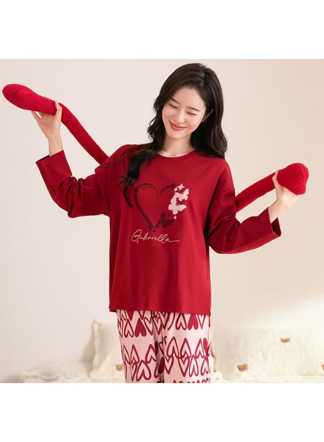 Fentengcare Women's Pajamas, Pure Cotton Soft Cotton, Red For Zodiac Year, Long Sleeves, Wearable Outside, Cartoon Home Wear Set, Gift For Wome - Image 1
