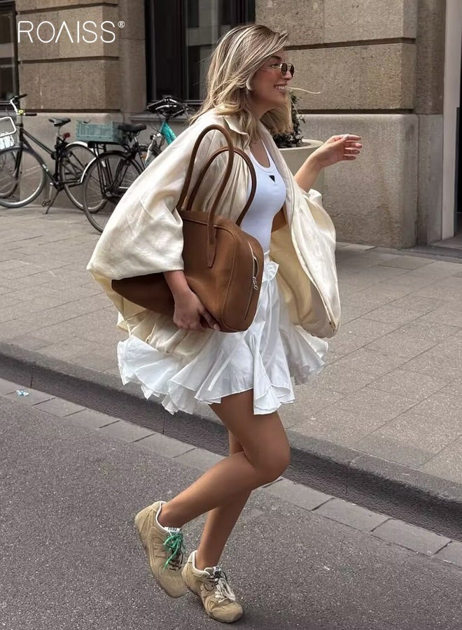 roaiss Women's Fashionable Loose-Fitting Batwing Sleeve Puffy Bomber Jacket Large Collar with Ruffled Design Long Sleeves with Zipper Front Elastic Cuffs Versatile for Everyday and Commute Wear - Image 3